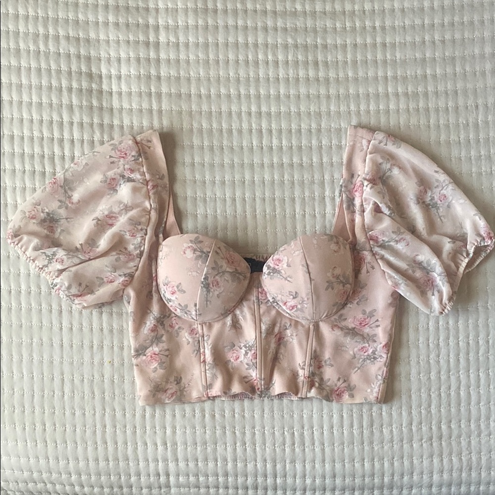 Windsor - Soft Pink Floral Puff Sleeve Corset Blouse Top, Size L